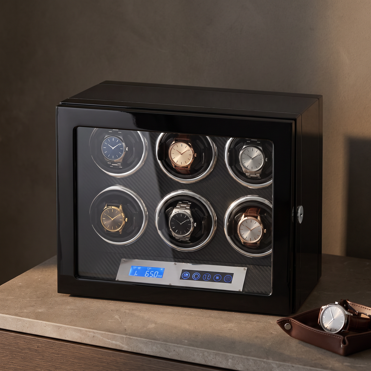 Watch Winder 6 Slots, Carbon Fibre, Touchscreen, in a home setting