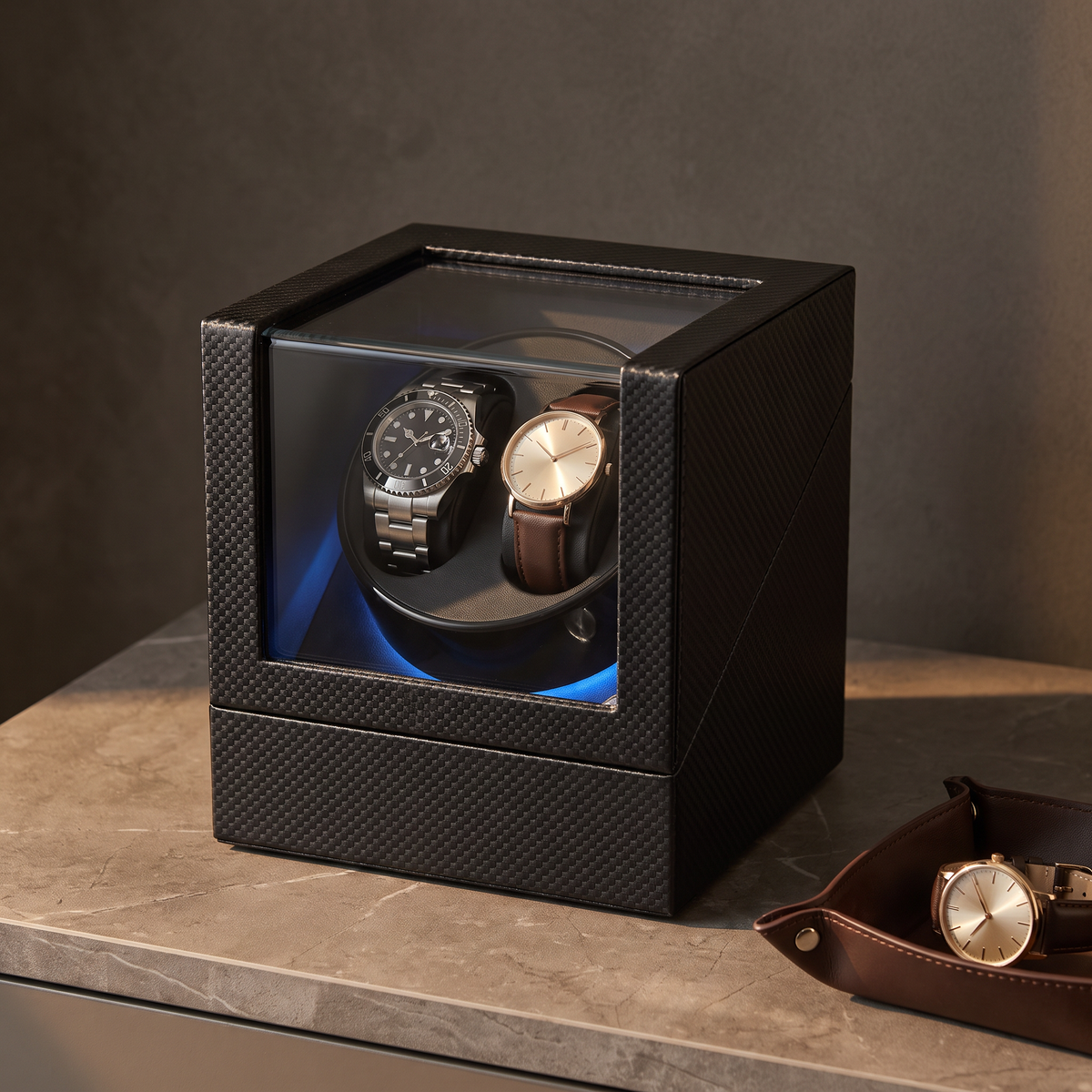 Watch Winder, Carbon Fibre, Rechargeable, in a home setting