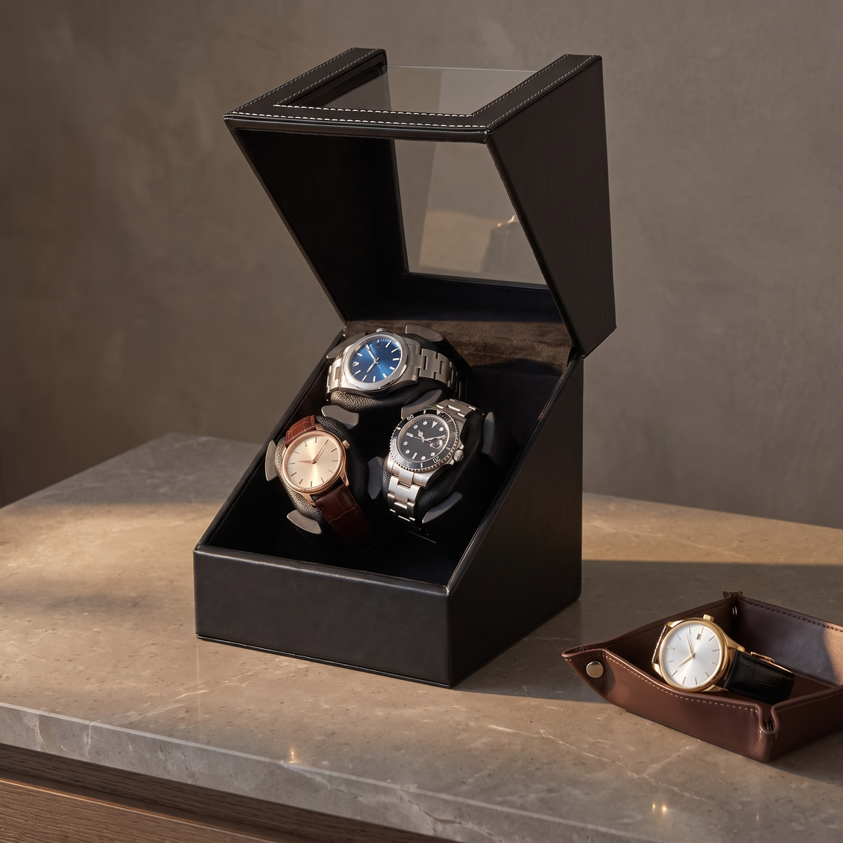 Watch Winder 3 Slots, Leather, in a home setting