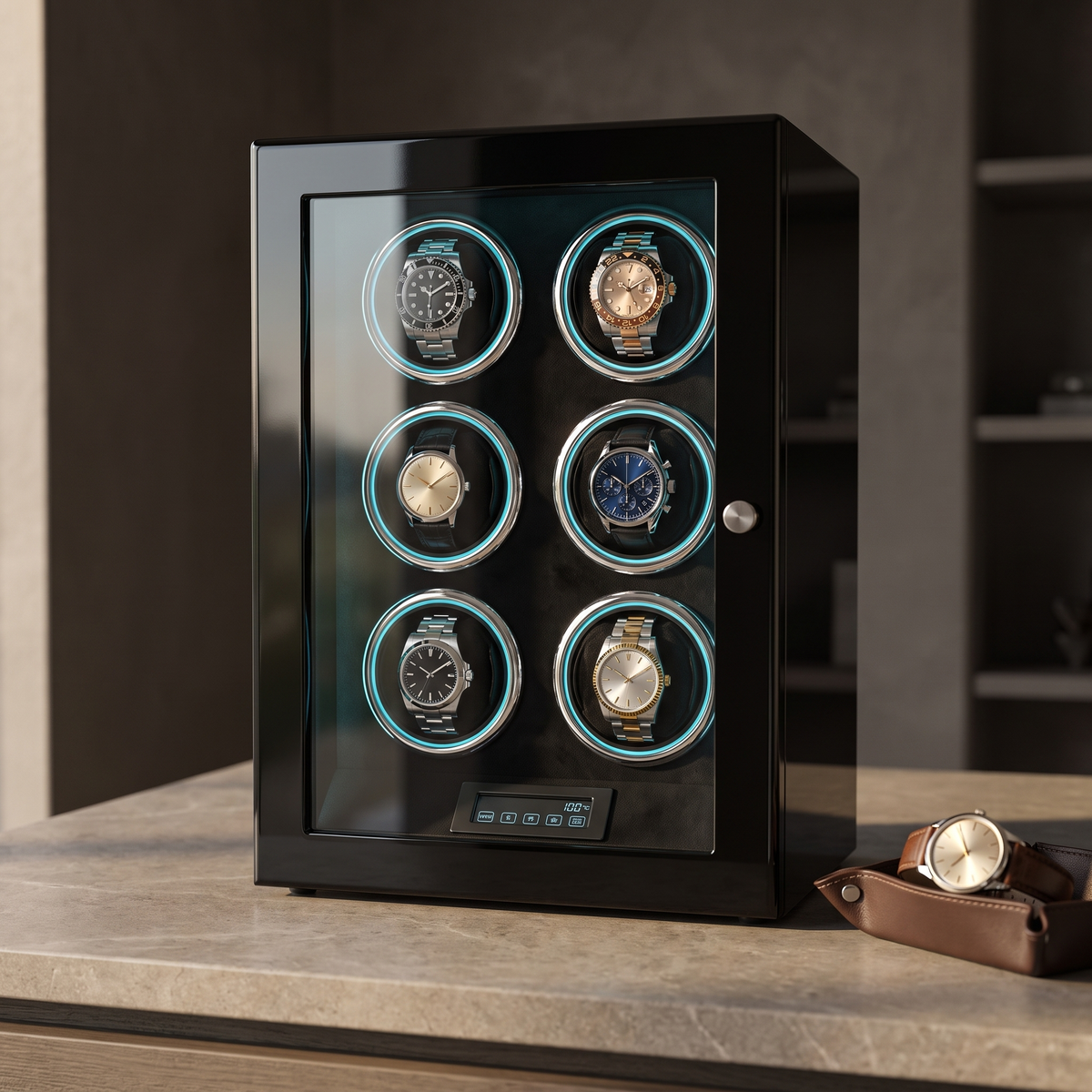Watch Winder Safe, Fingerprint Lock, Wood Cabinet, in a home setting