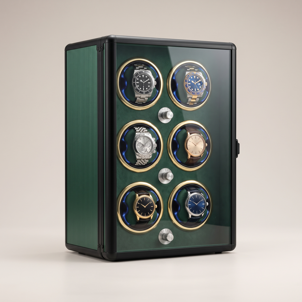 Watch Winder 6 Slots, Aluminium Piano Lacquer, Open-Stop, three-quarter studio view