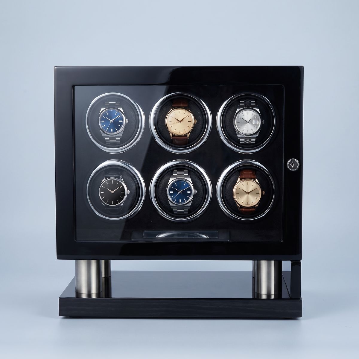 Watch Winder Safe 6 Slots, Wood Cabinet, three-quarter studio view