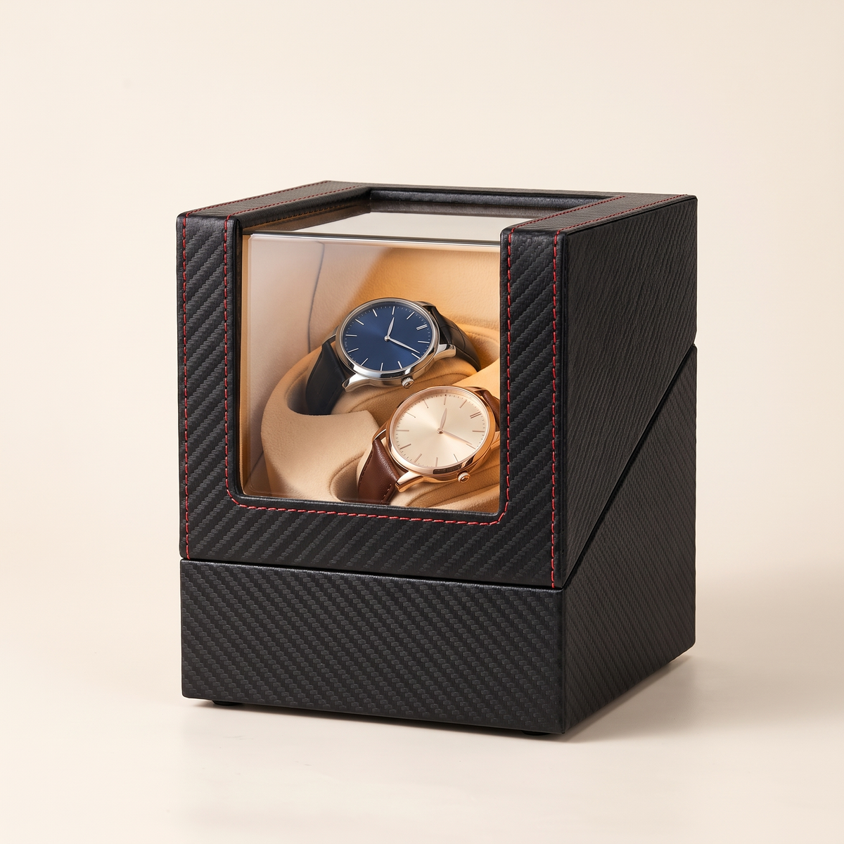 Watch Winder 2 Slots, Leather, Rechargeable, three-quarter studio view