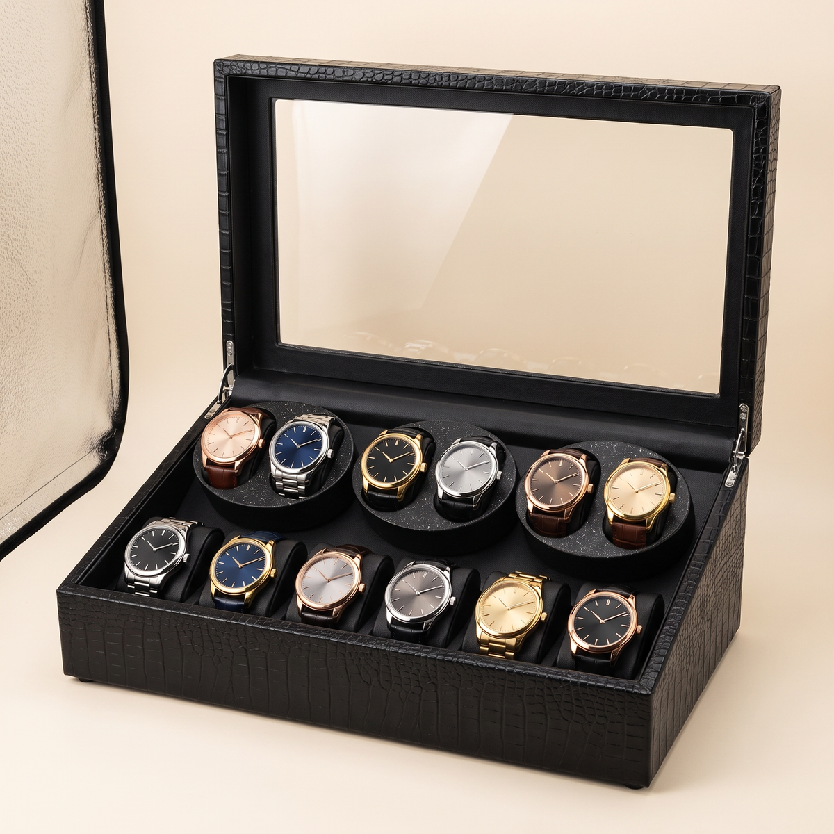 Watch Winder 12 Slots (6+6), Crocodile or Carbon Finish, three-quarter studio view