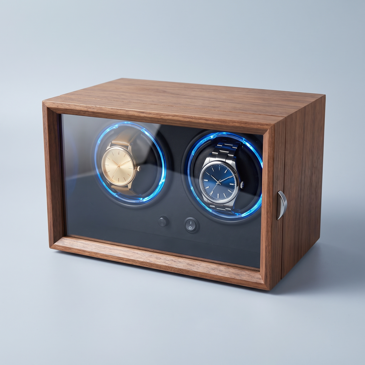 Watch Winder 2 Slots, Black Walnut Wood, three-quarter studio view