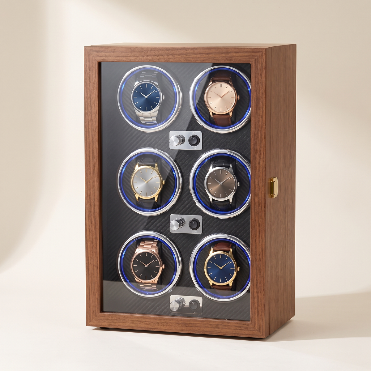 Watch Winder 6 Slots, Walnut with Leather Interior, three-quarter studio view