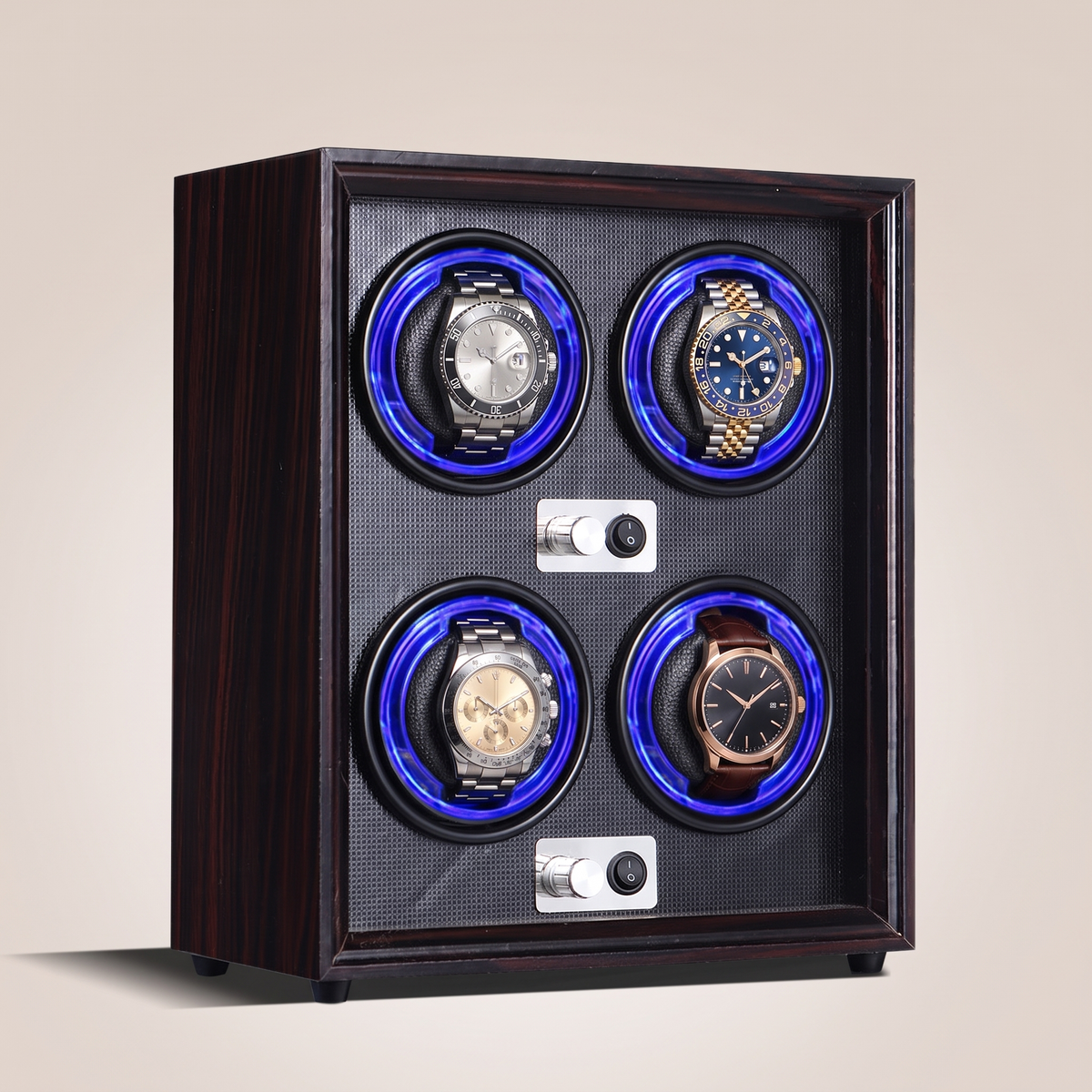 Watch Winder 4 Slots, Walnut & Ebony Wood, three-quarter studio view