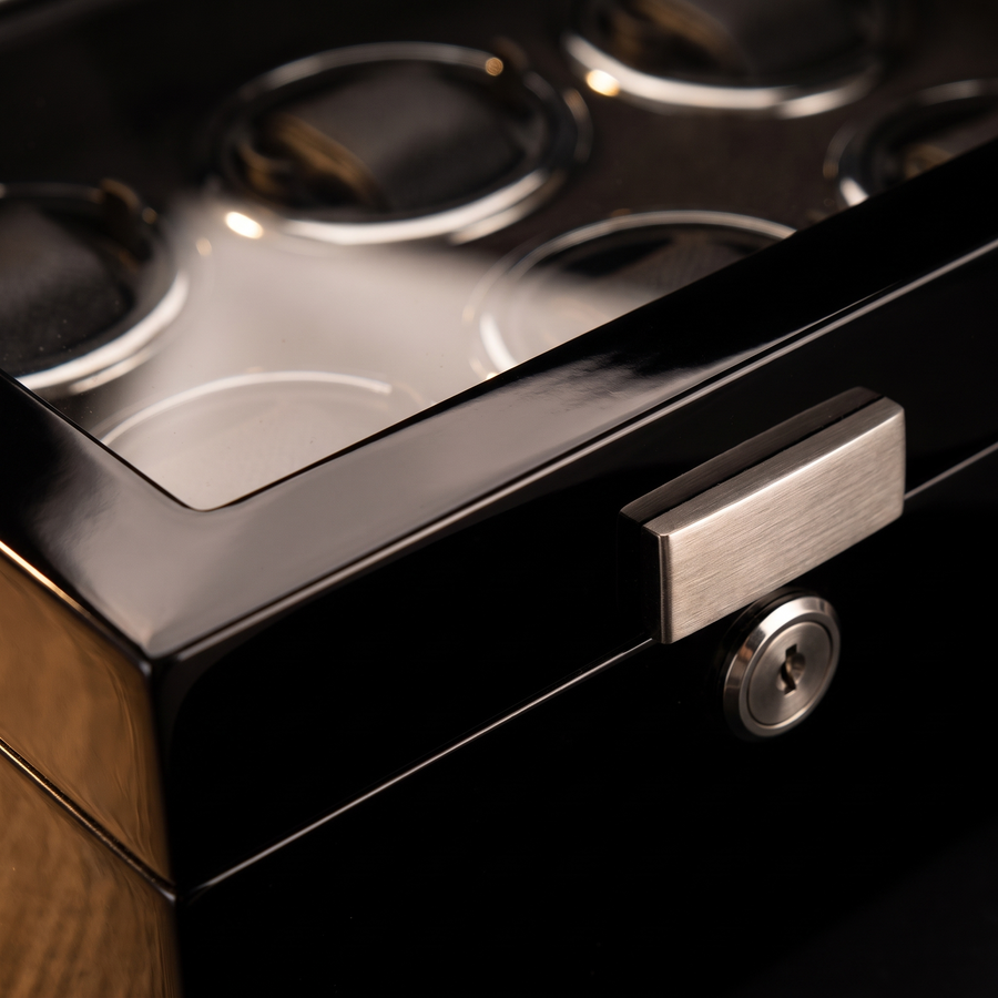 Watch Winder Safe 6 Slots, Wood Cabinet, close-up of the finish