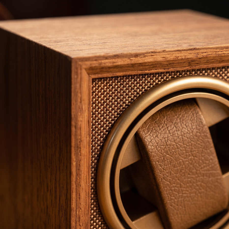 Single Watch Winder, Walnut or Ebony, Vertical, close-up of the finish