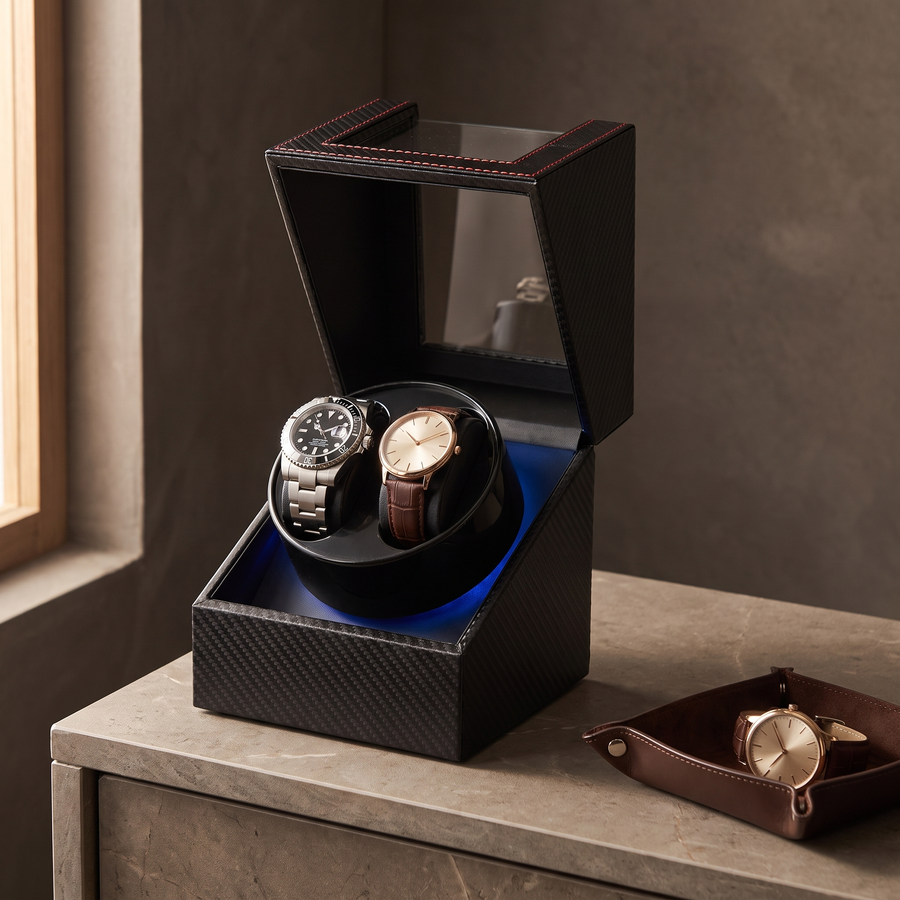 Watch Winder, Carbon Fibre, Rechargeable, close-up of the watch positions