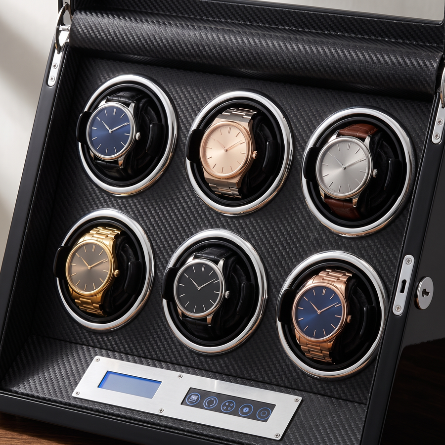Watch Winder 6 Slots, Carbon Fibre, Touchscreen, close-up of the watch positions