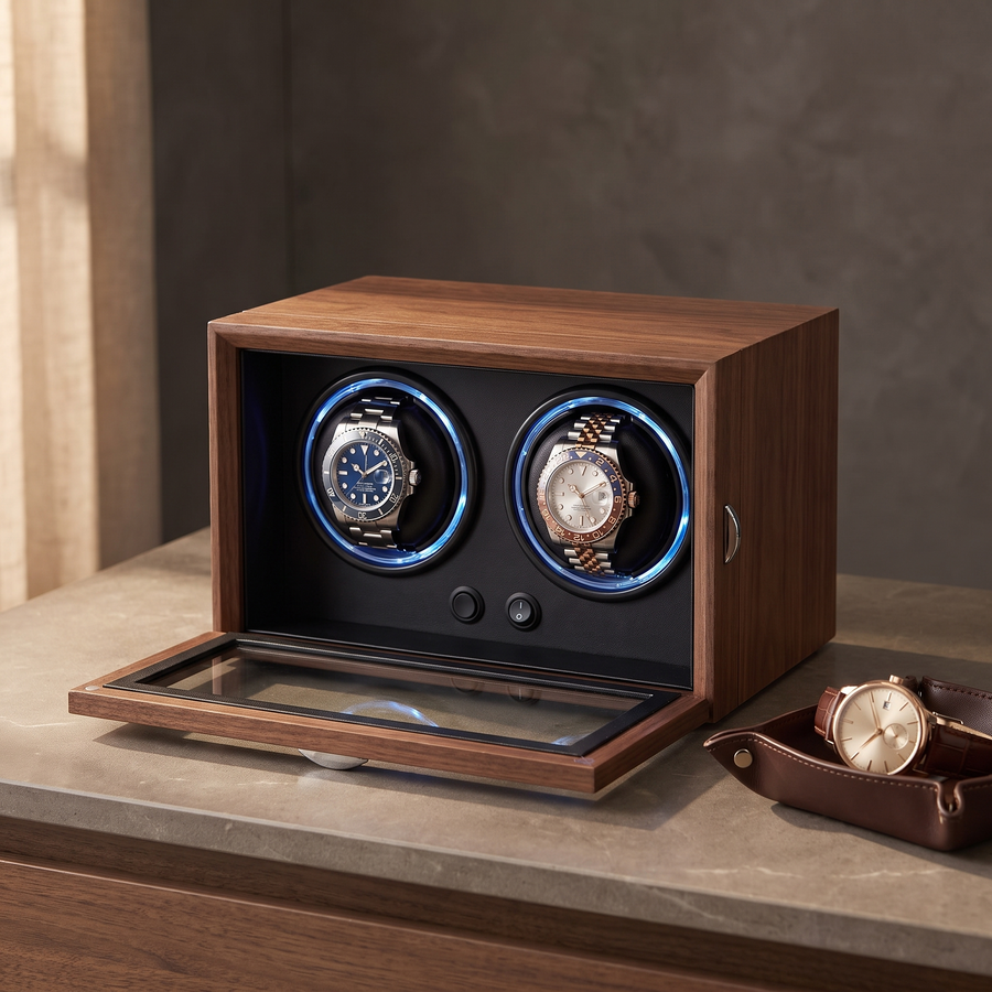 Watch Winder 2 Slots, Black Walnut Wood, close-up of the watch positions