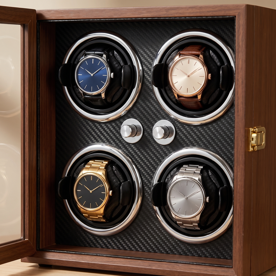 Watch Winder 4 Slots, Walnut, Telescopic Pillows, close-up of the watch positions