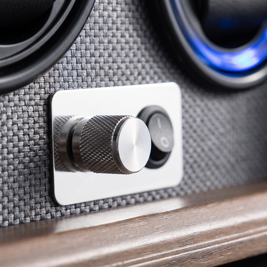 Watch Winder 4 Slots, Walnut & Ebony Wood, close-up of the controls