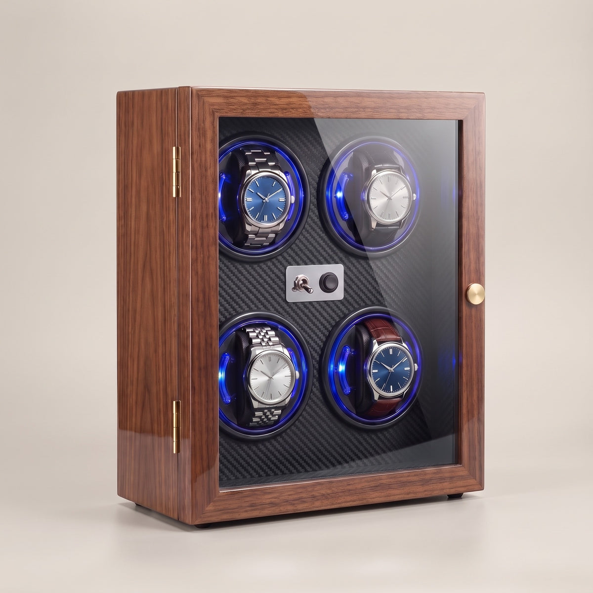 Four-watch winder in walnut with a black interior