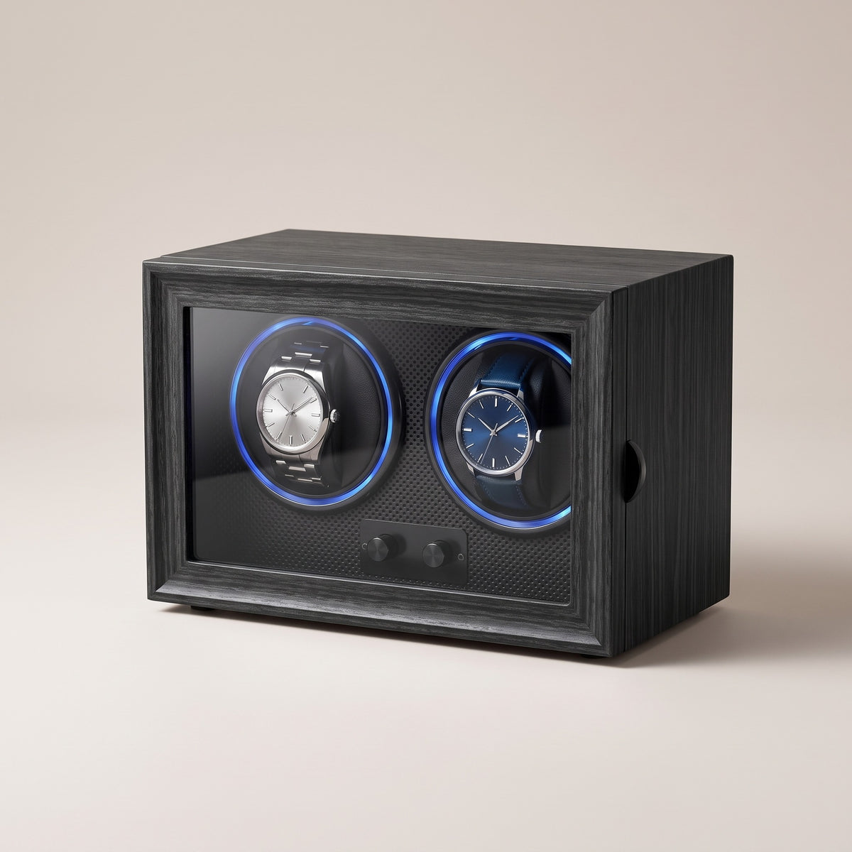 Two-watch winder in black wood grain with a black interior