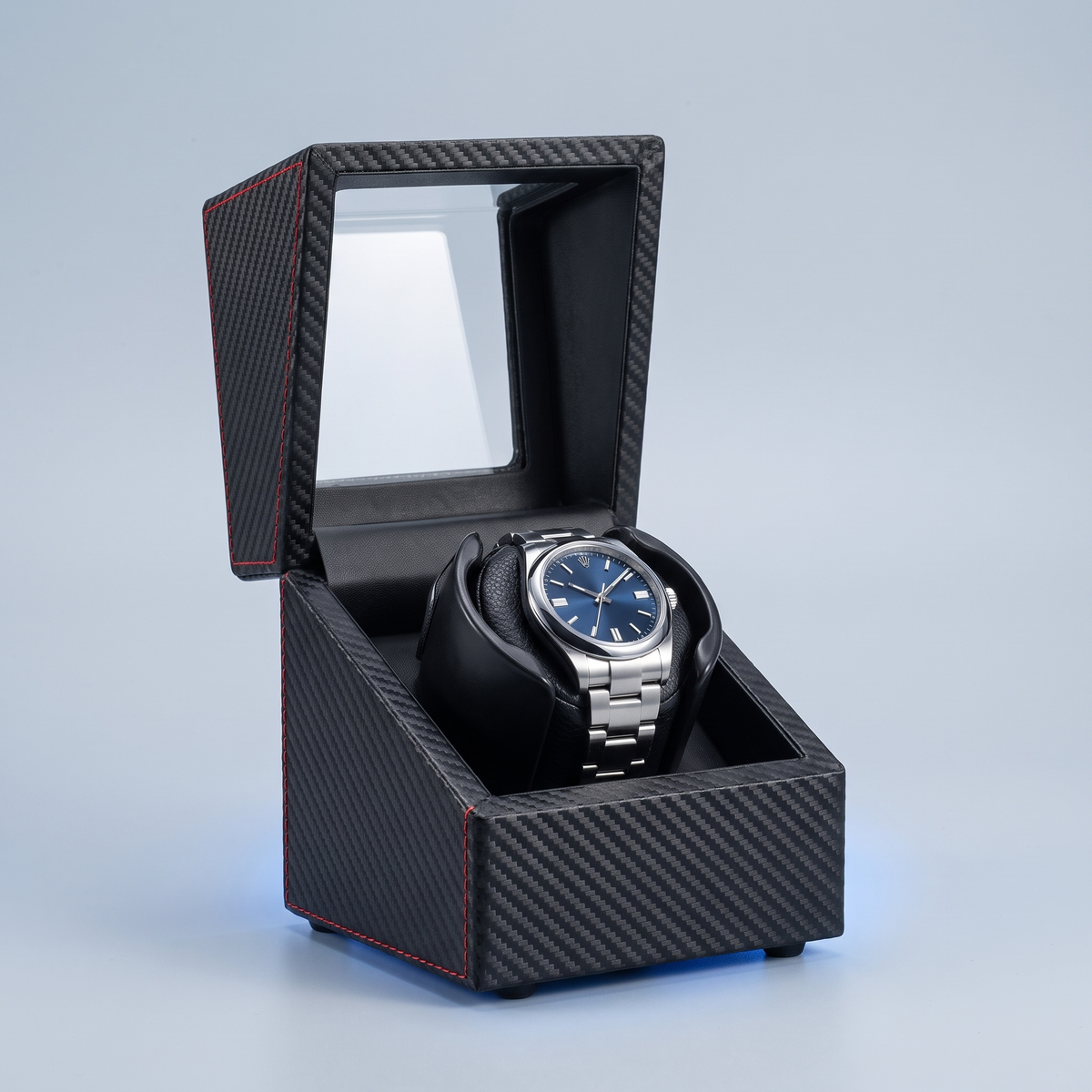 Single Watch Winder, Baked Lacquer Wood, shown in Carbon Fiber
