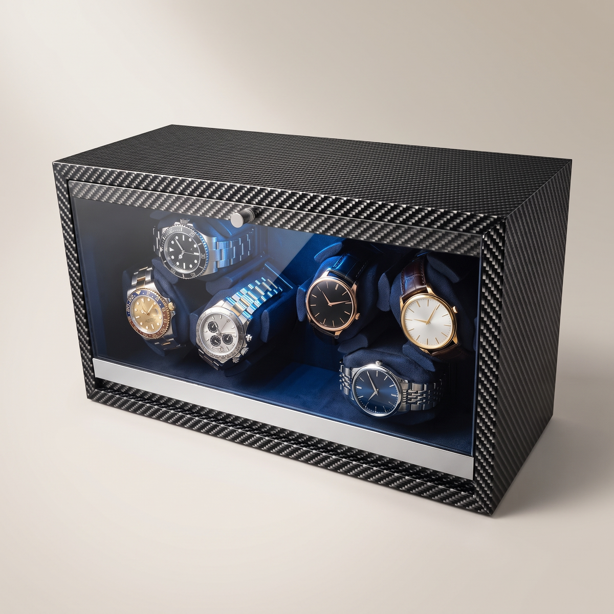 Watch Winder 6 Slots, Black Walnut Wood, shown in Carbon Fiber