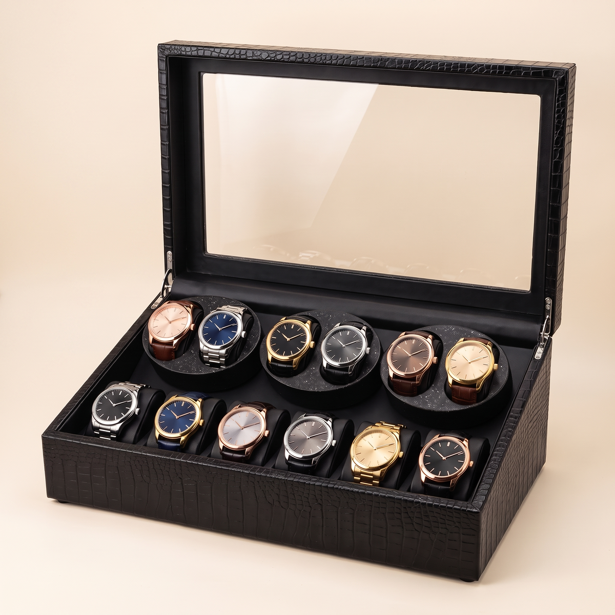 Watch Winder 12 Slots (6+6), Crocodile or Carbon Finish, shown in Crocodile