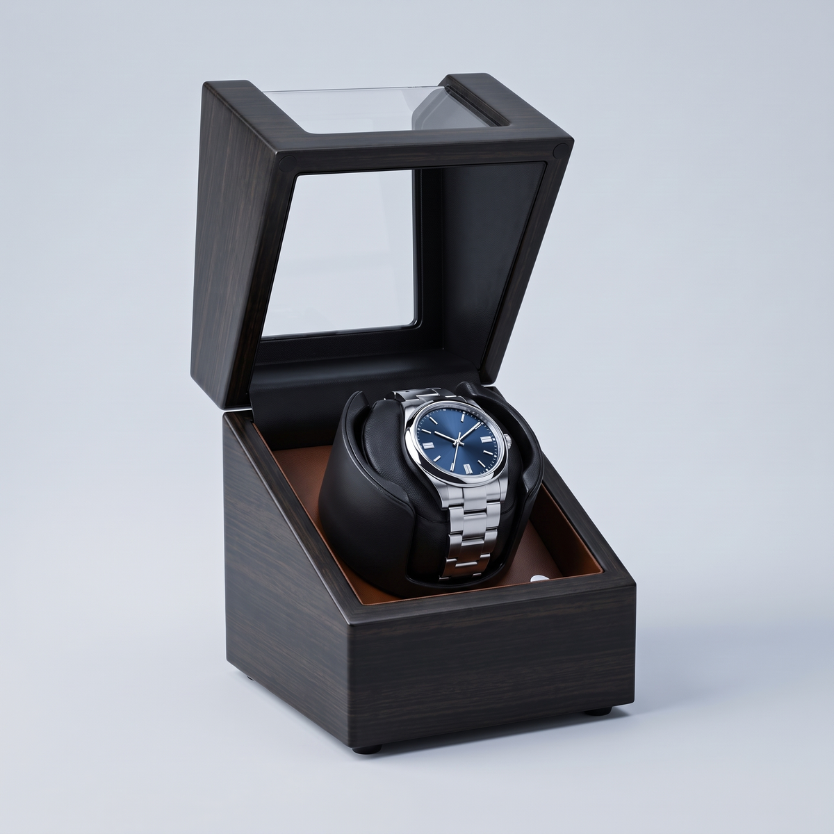 Single Watch Winder, Baked Lacquer Wood, shown in Ebony, Brown Interior