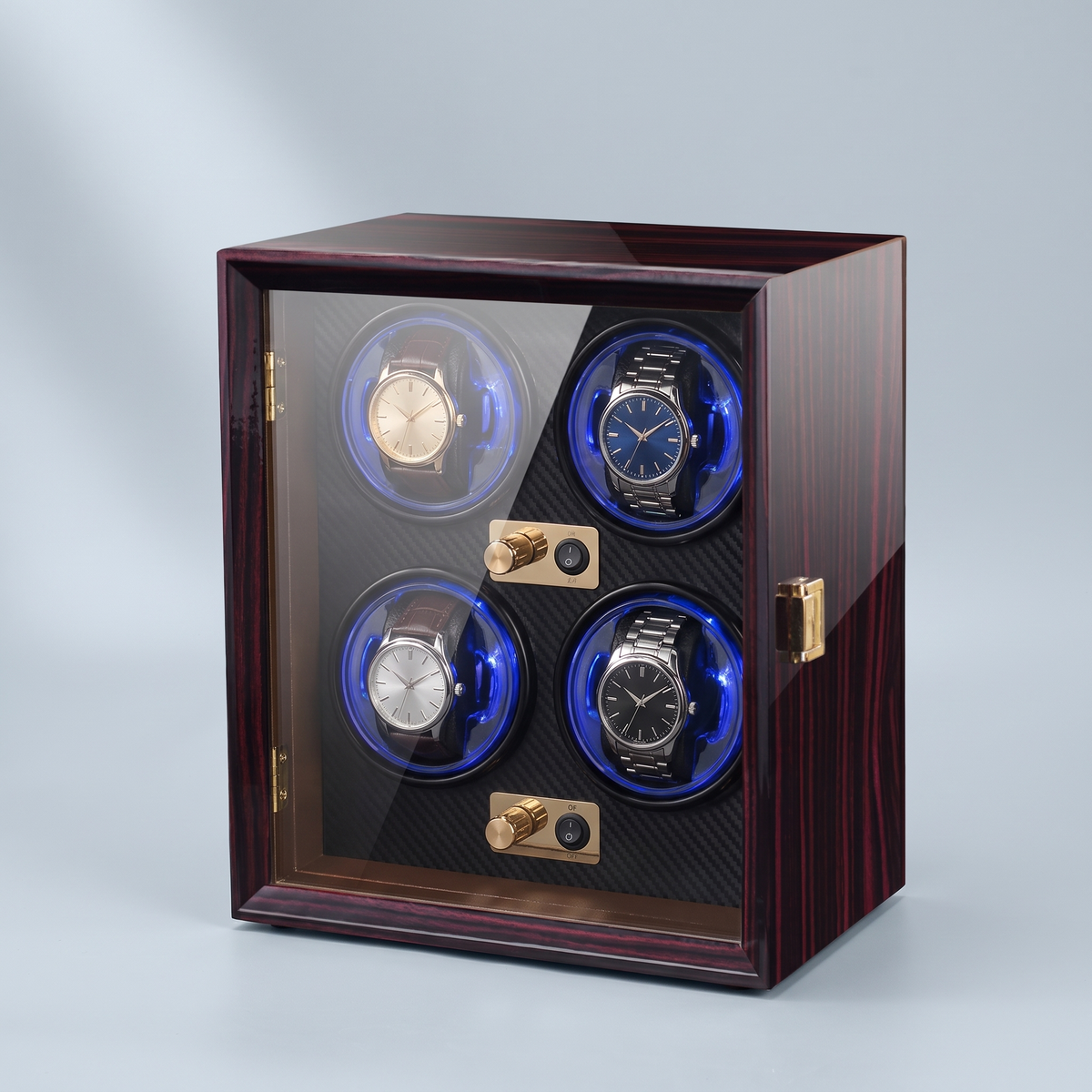 Watch Winder 4 Slots, Walnut & Ebony Wood, shown in Ebony, Black Interior