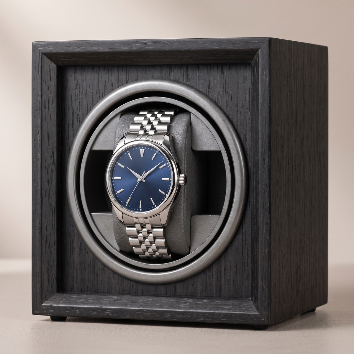 Single Watch Winder, Walnut or Ebony, Vertical, shown in Ebony, Black Interior