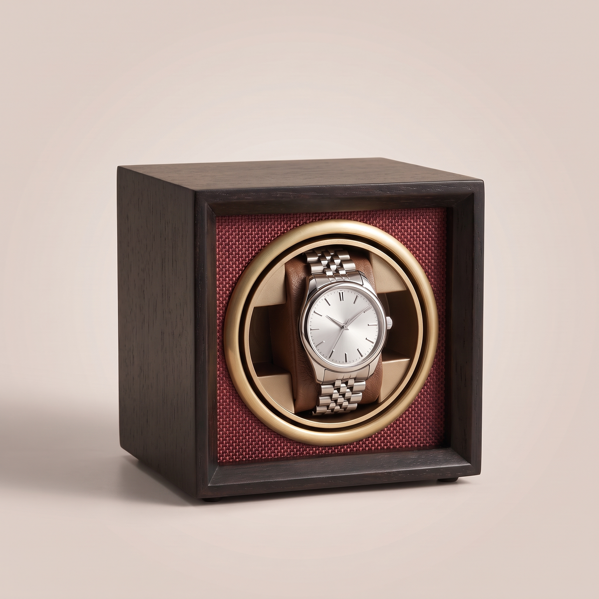 Single Watch Winder, Walnut or Ebony, Vertical, shown in Ebony, Red Interior