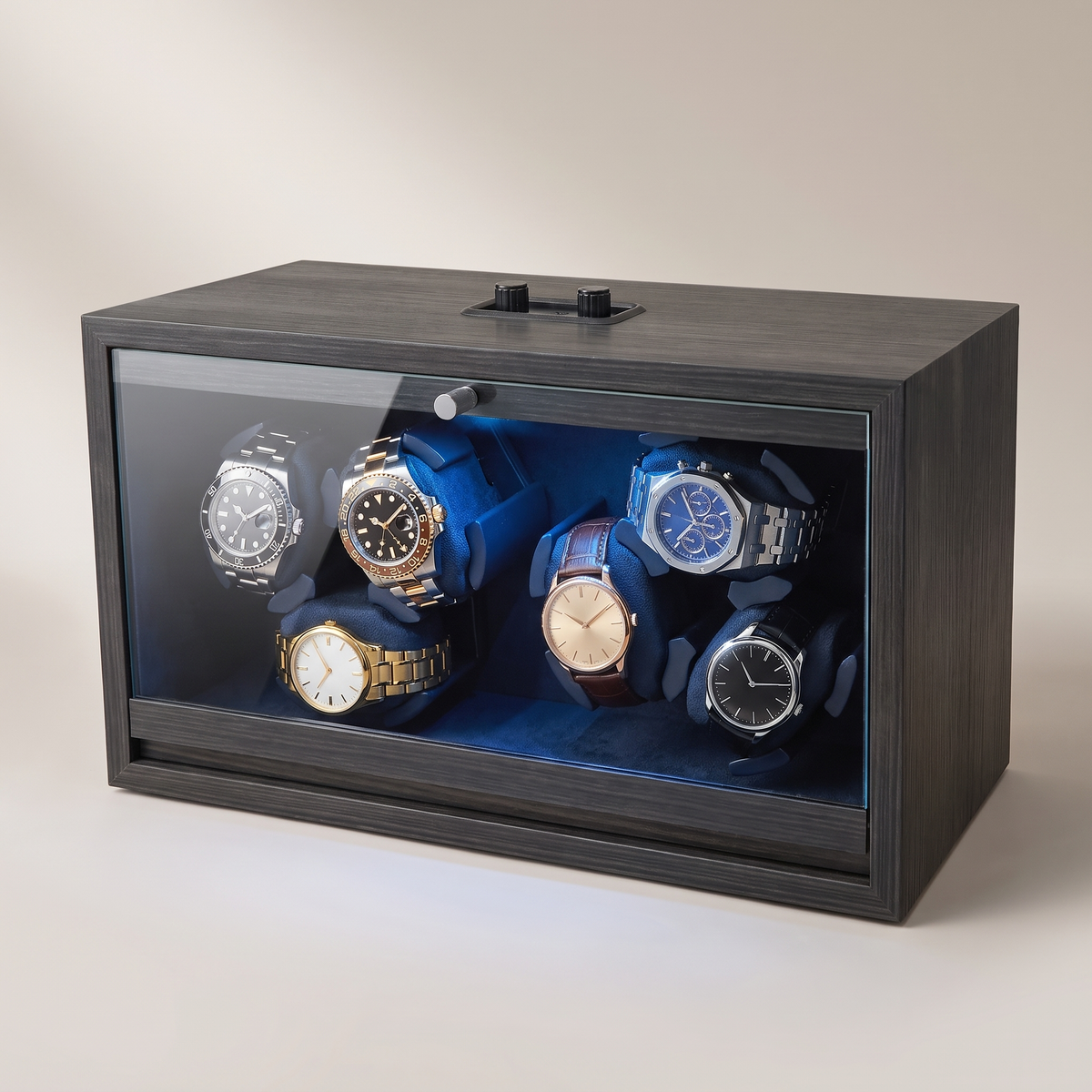 Watch Winder 6 Slots, Black Walnut Wood, shown in Ebony