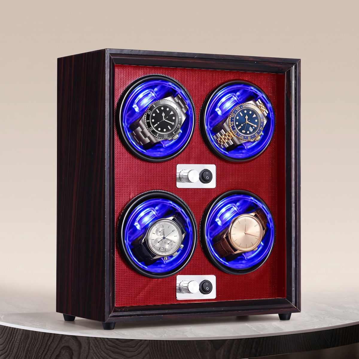 Watch Winder 4 Slots, Walnut & Ebony Wood, shown in Red Interior