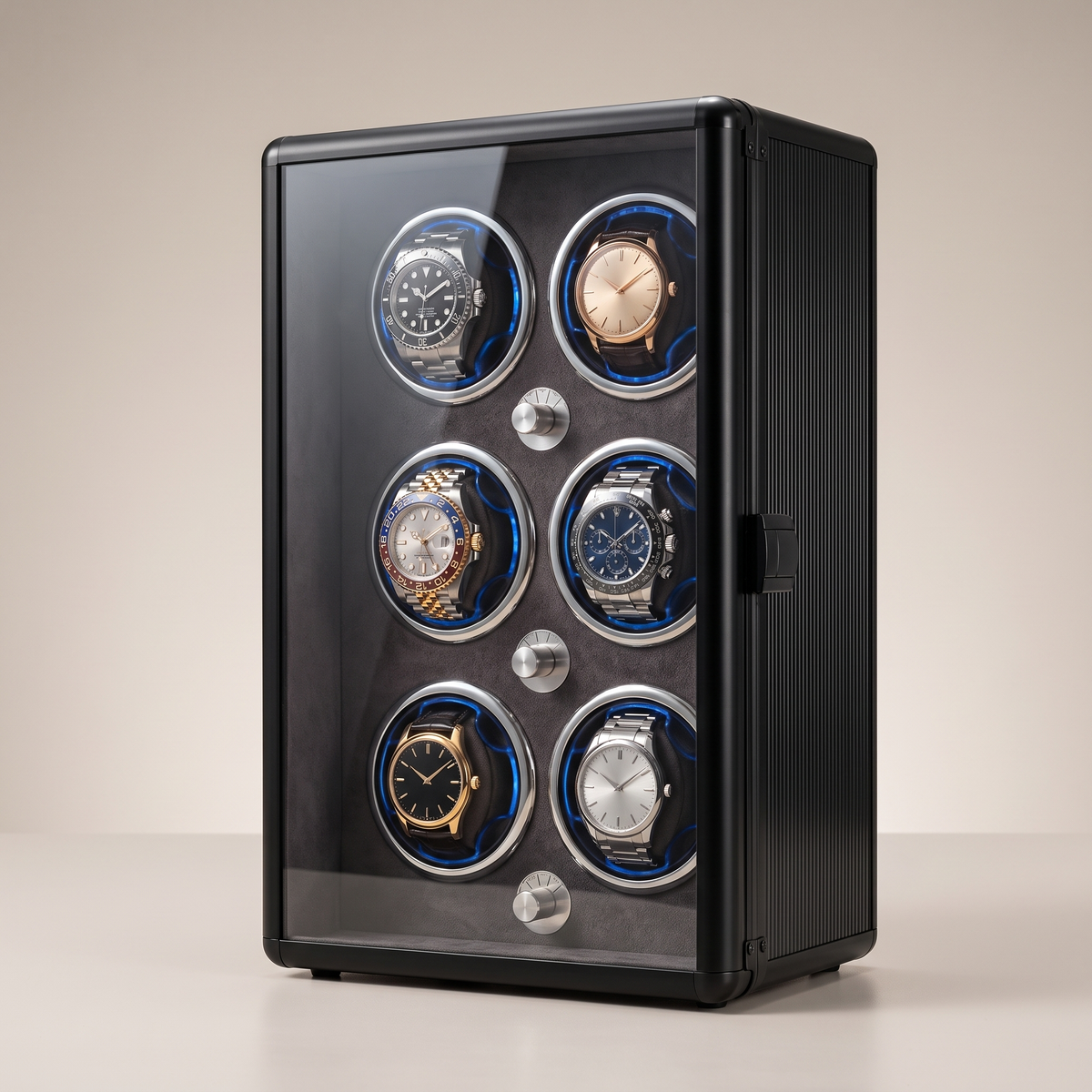 Watch Winder 6 Slots, Aluminium Piano Lacquer, Open-Stop, shown in Black