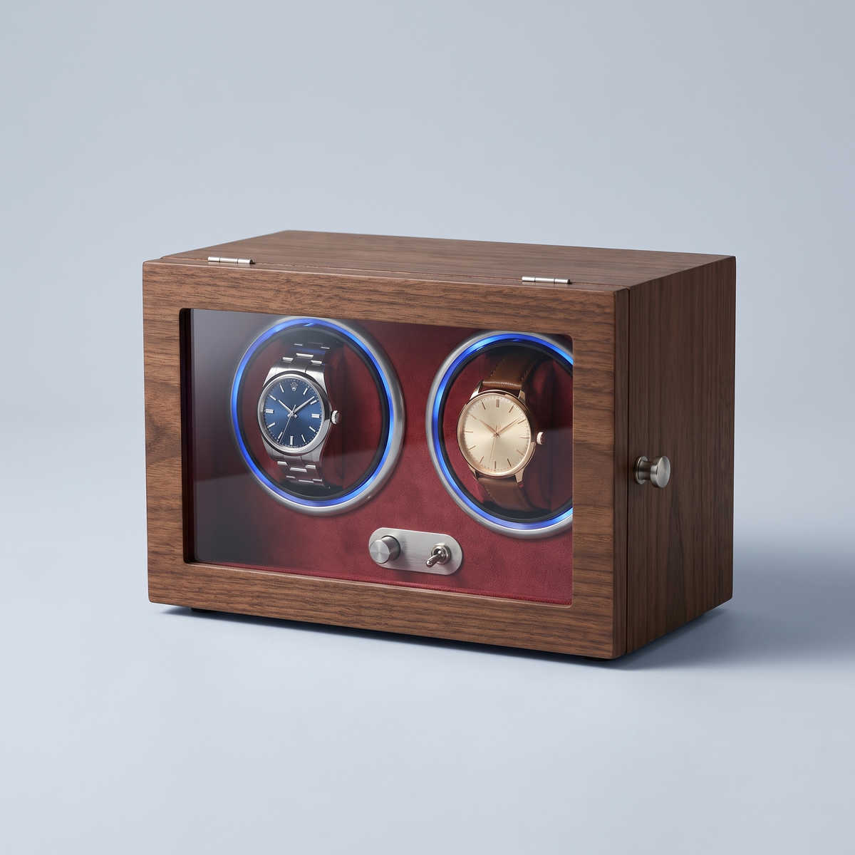 Watch Winder 2 Slots, Black Walnut Wood, shown in Walnut, Red Interior