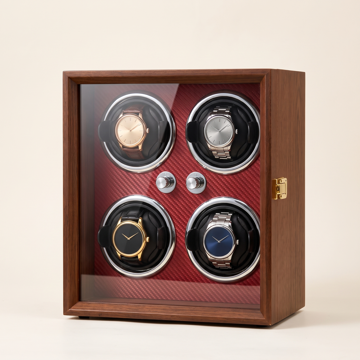 Watch Winder 4 Slots, Walnut, Telescopic Pillows, shown in Red Interior