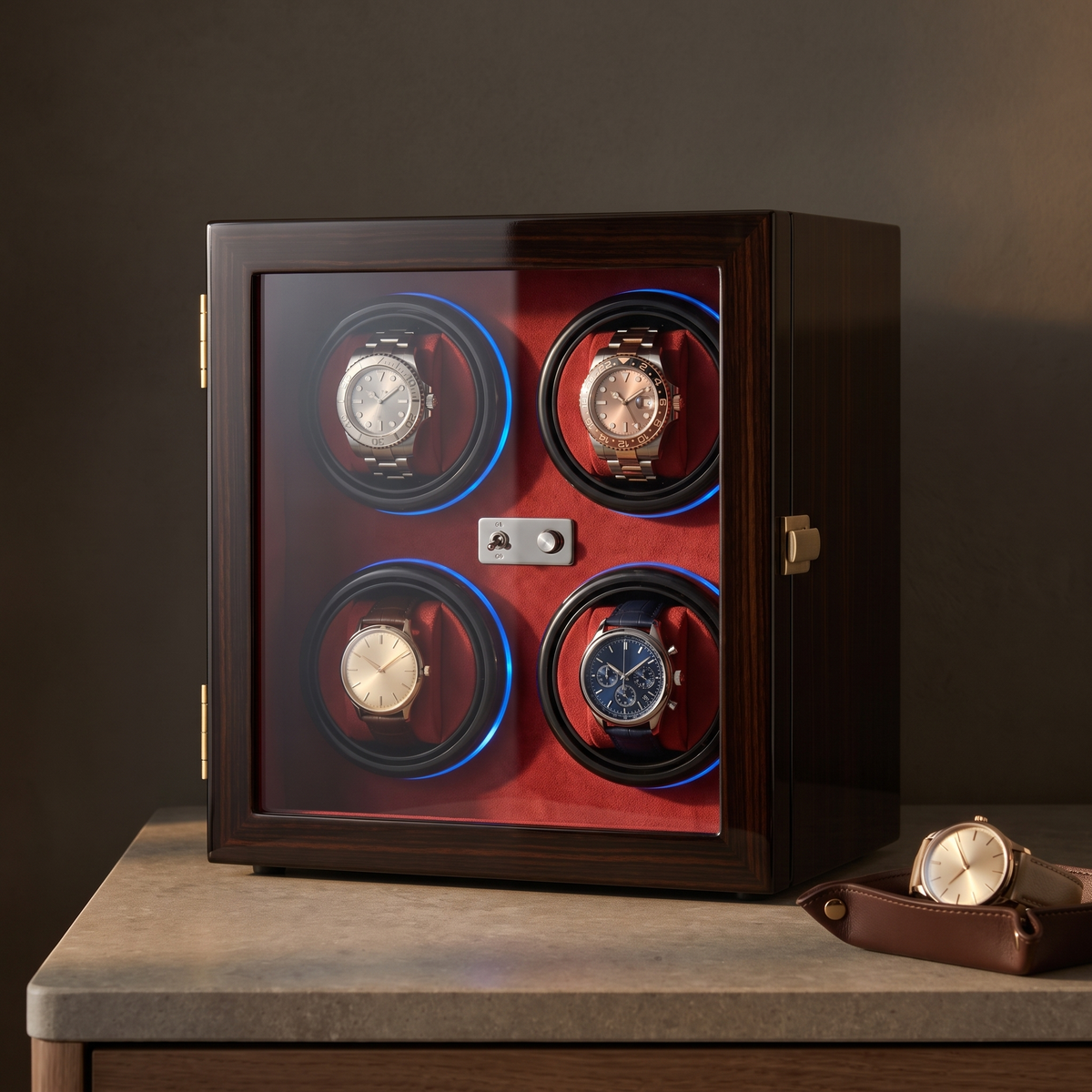 Watch Winder 4 Slots, Walnut & Ebony Wood, in a home setting