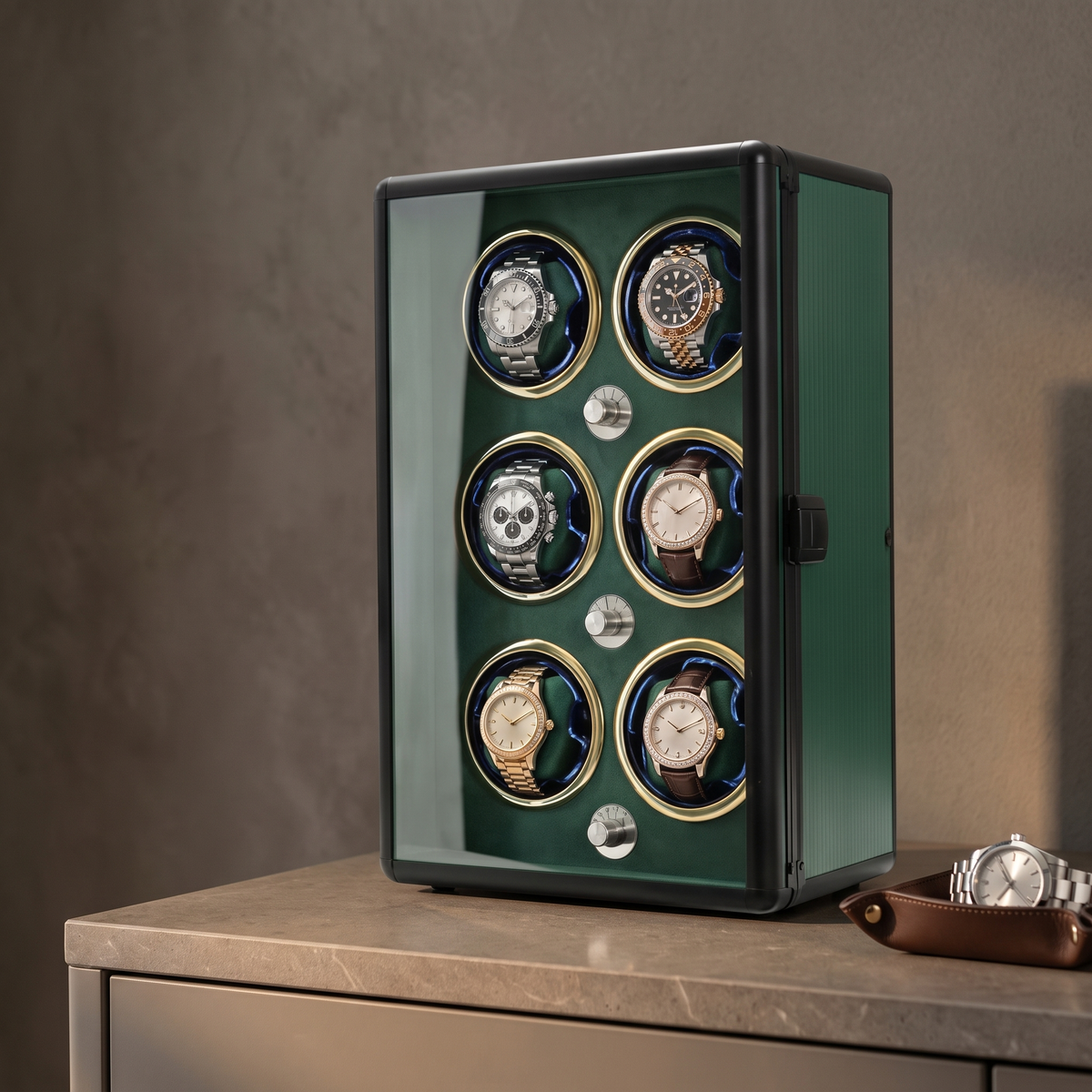 Watch Winder 6 Slots, Aluminium Piano Lacquer, Open-Stop, shown in Green