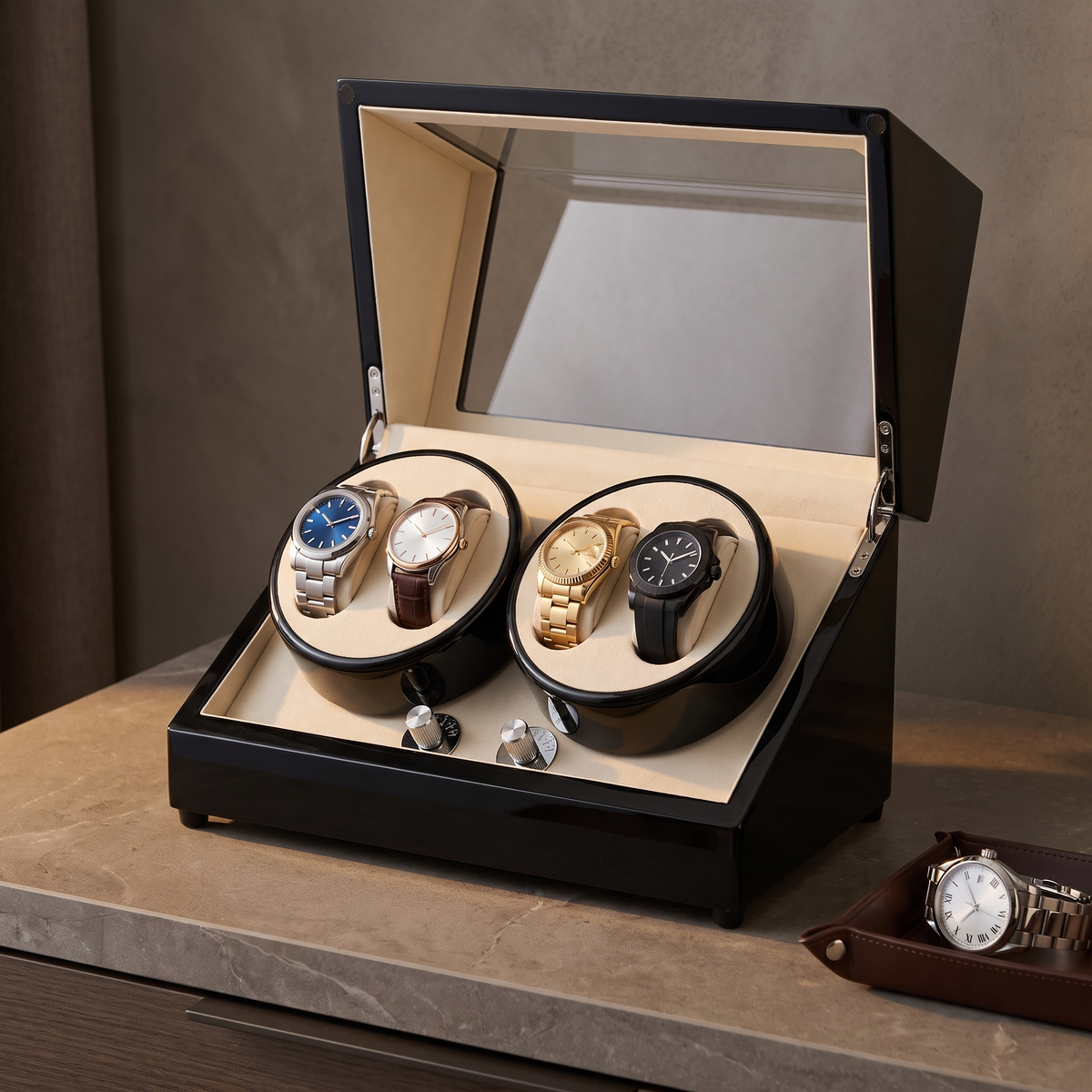 Watch Winder 4 Slots, Wood with Acrylic Window, in a home setting