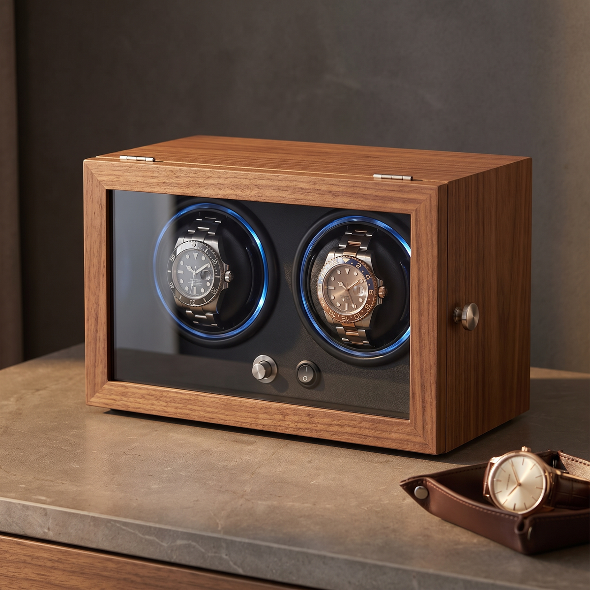 Watch Winder 2 Slots, Black Walnut Wood, shown in Walnut, Black Interior