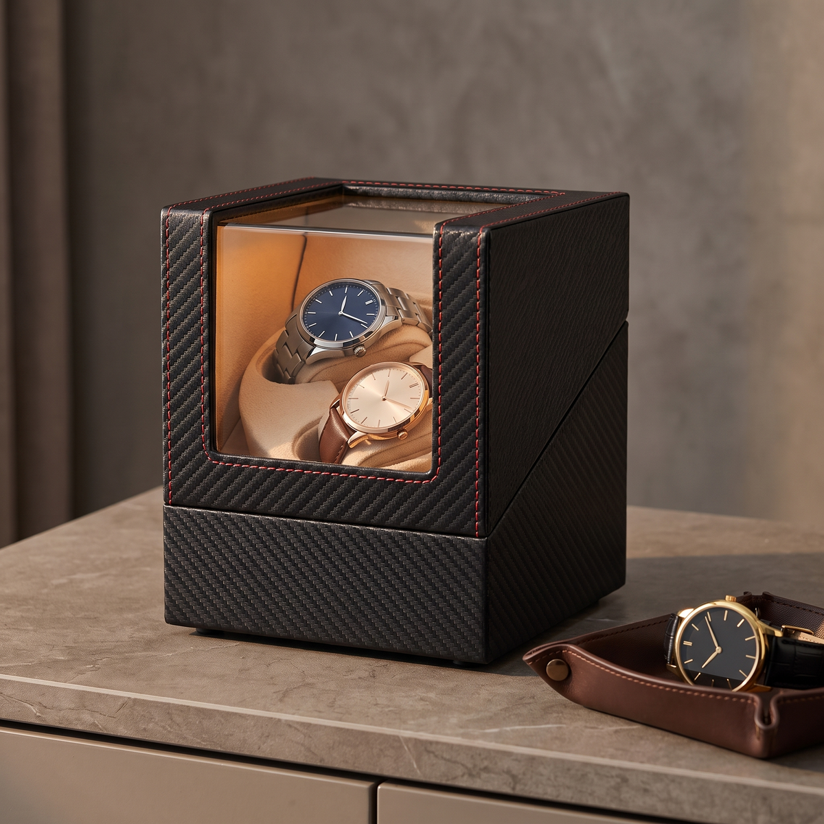 Watch Winder 2 Slots, Leather, Rechargeable, shown in Black