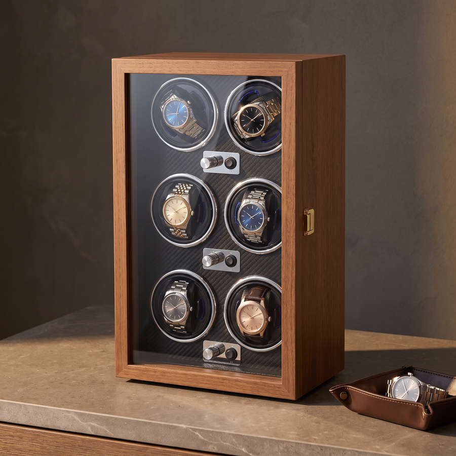 Watch Winder 6 Slots - Walnut with Leather Interior