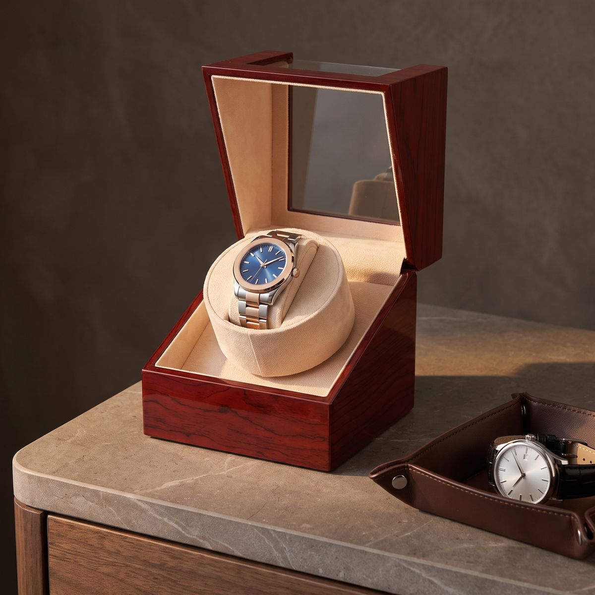 Single Watch Winder, Baked Lacquer, in a home setting