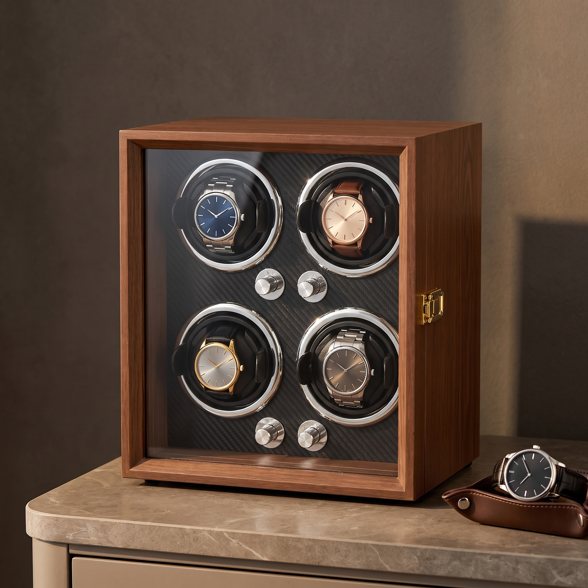 Watch Winder 4 Slots, Walnut, Telescopic Pillows, shown in Black Interior