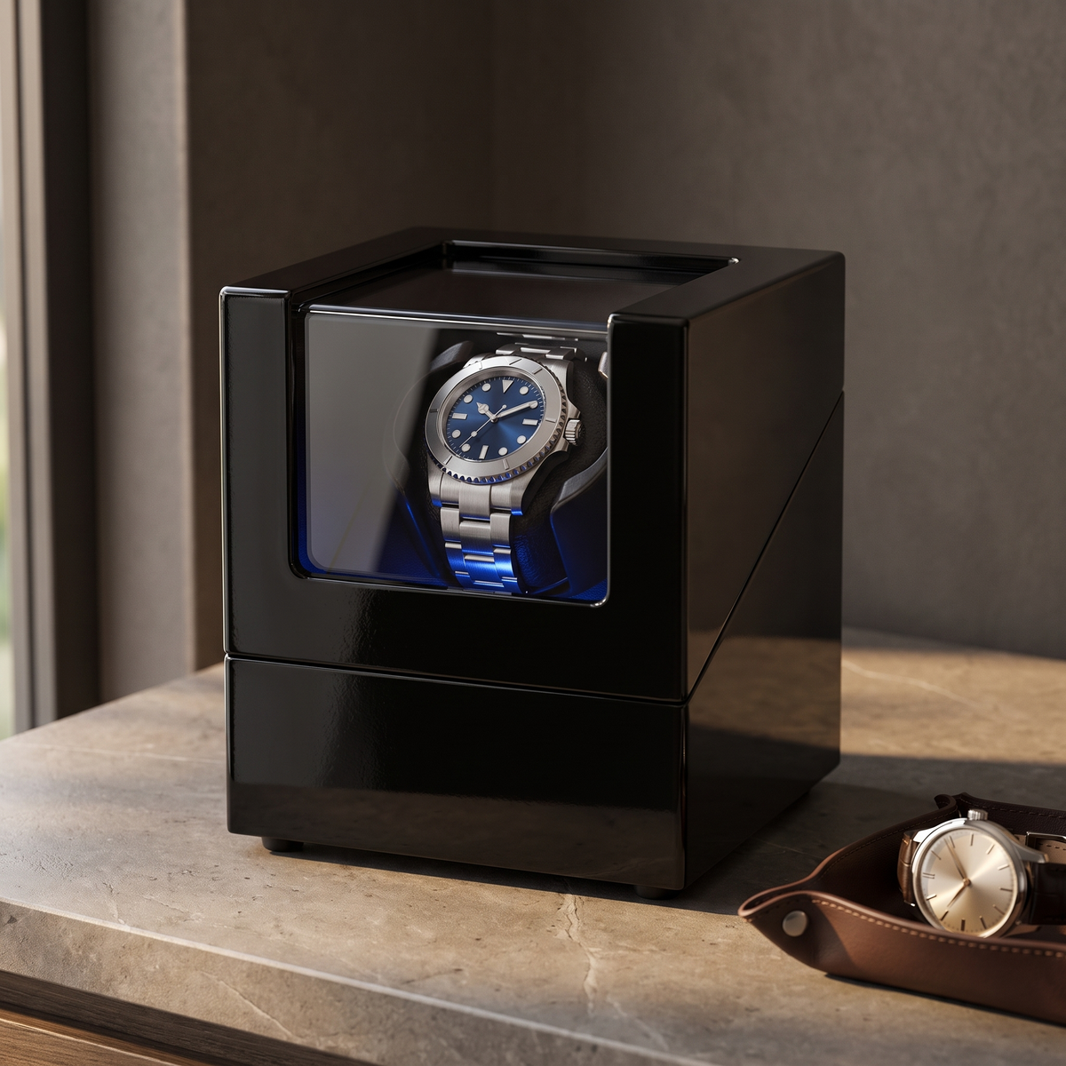 Single Watch Winder, Baked Lacquer Wood, shown in Black Lacquer