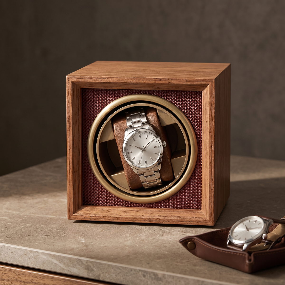 Single Watch Winder, Walnut or Ebony, Vertical, in a home setting