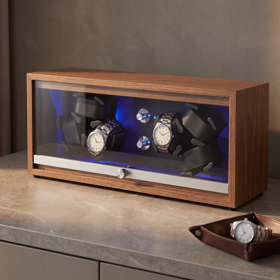 Watch Winder 6 Slots - Black Walnut Wood, Open-Stop