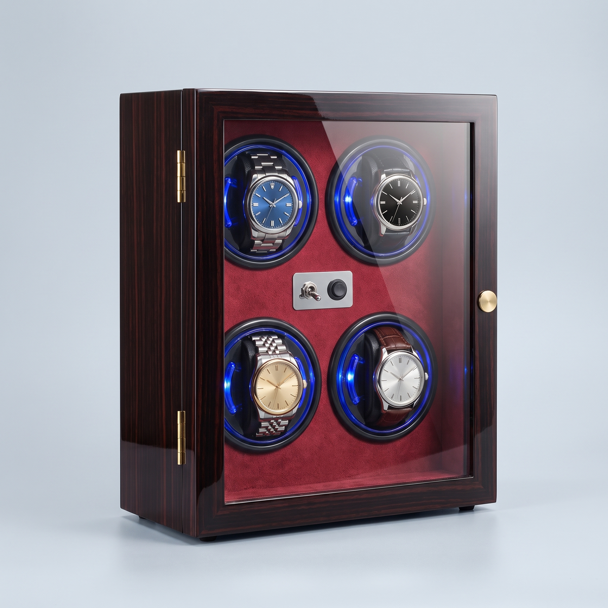 Watch Winder 4 Slots, Walnut & Ebony Wood, three-quarter studio view
