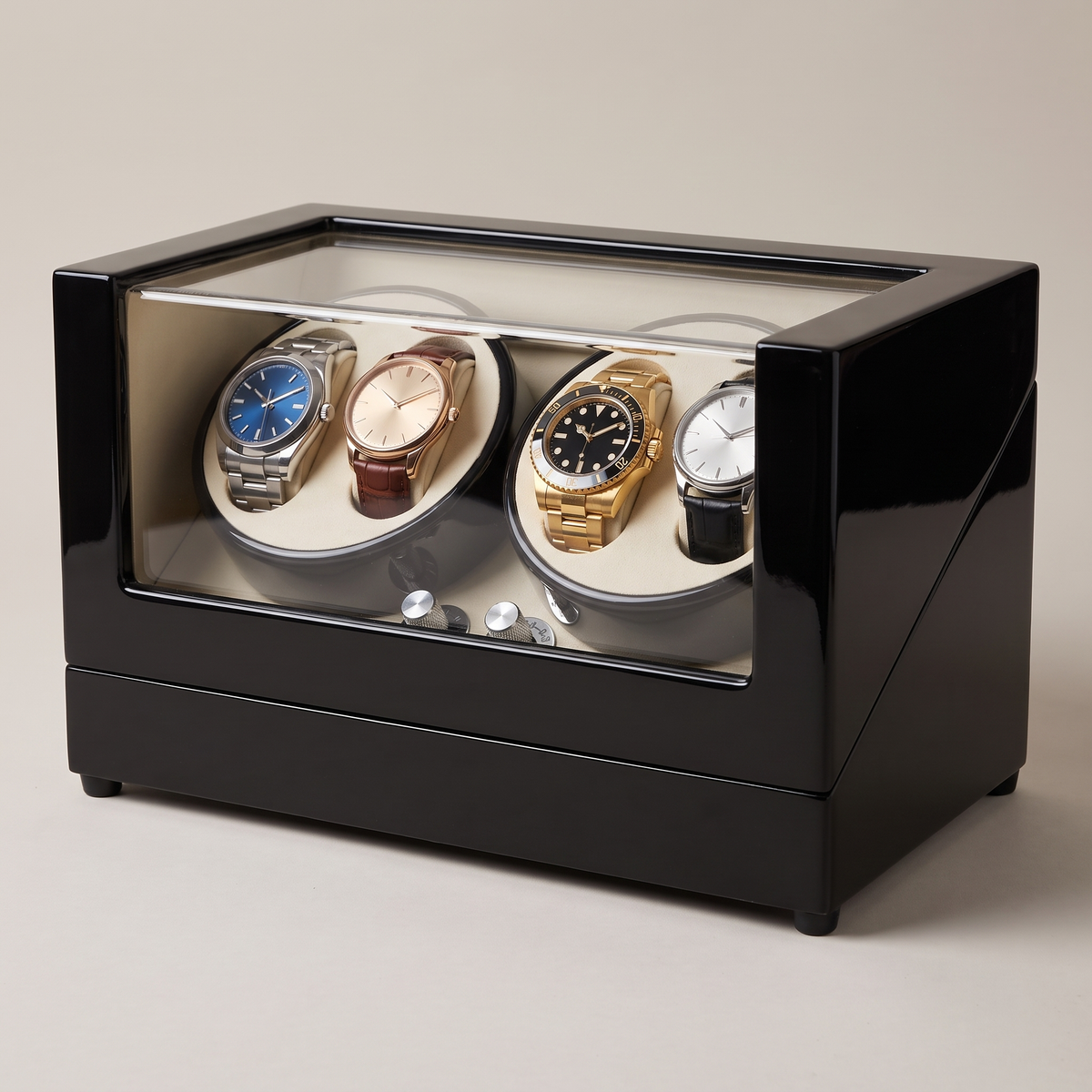 Watch Winder 4 Slots, Wood with Acrylic Window, three-quarter studio view