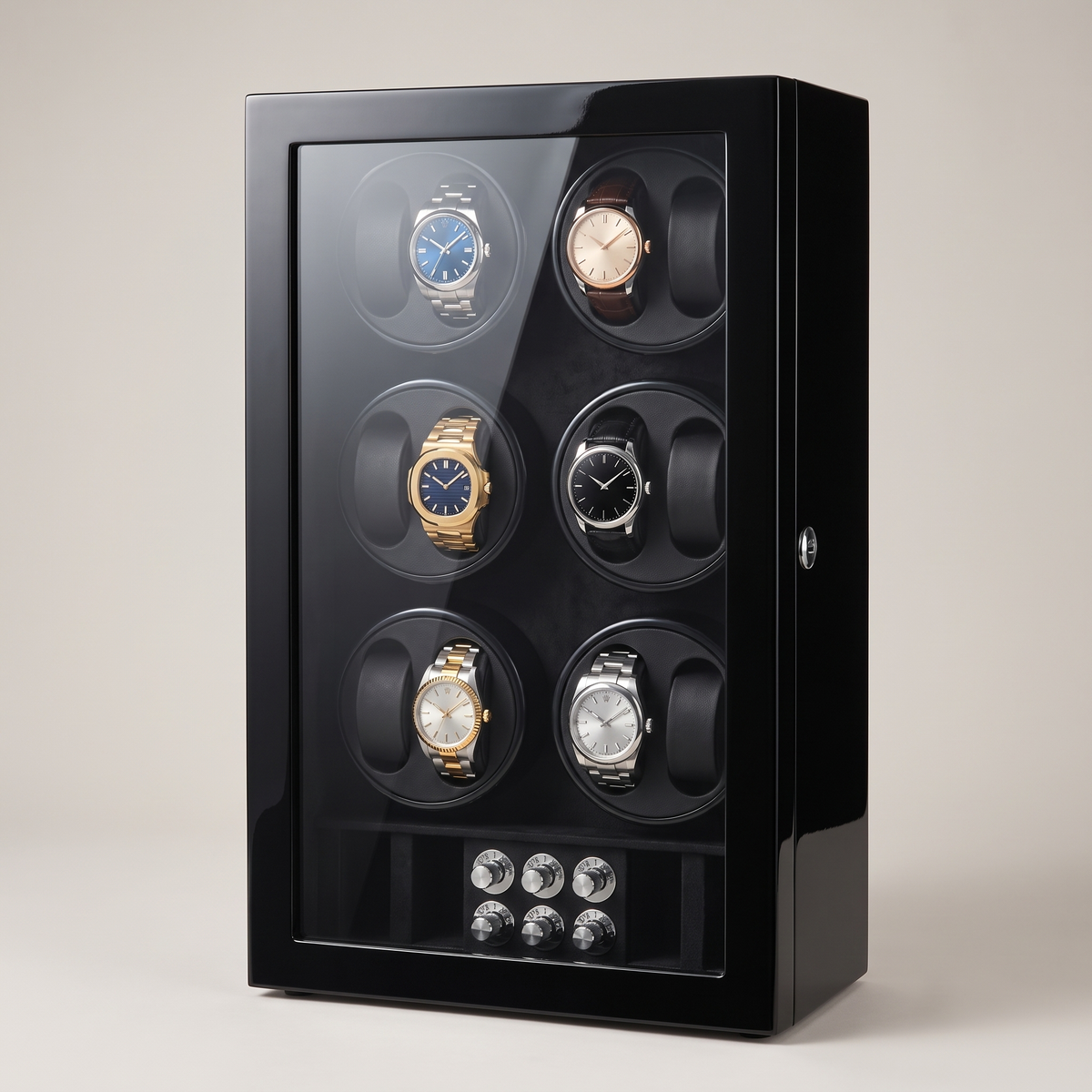 Watch Winder Cabinet, Wood & Glass, three-quarter studio view