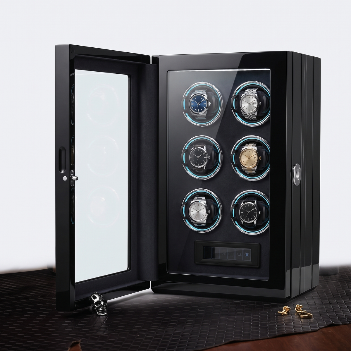 Watch Winder Safe, Fingerprint Lock, Wood Cabinet, three-quarter studio view