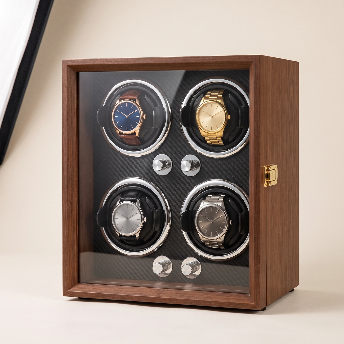 Watch Winder 4 Slots, Walnut, Telescopic Pillows, three-quarter studio view