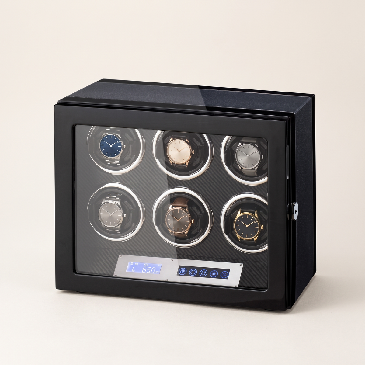 Watch Winder 6 Slots, Carbon Fibre, Touchscreen, three-quarter studio view