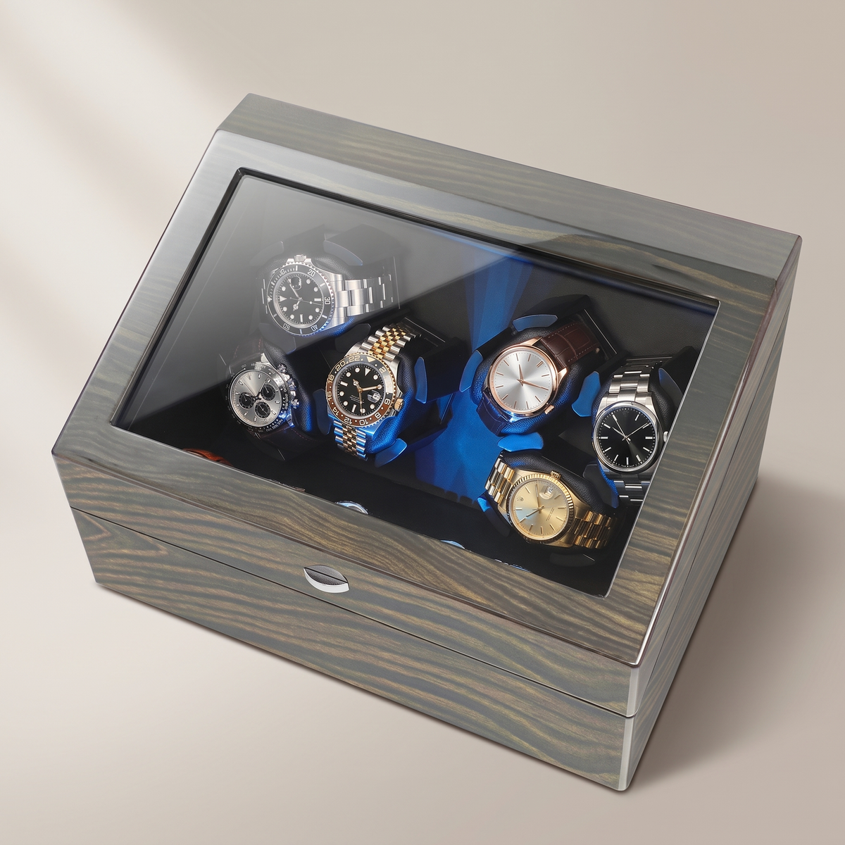 Watch Winder 12 Slots (6+6), High-Gloss Wood, three-quarter studio view
